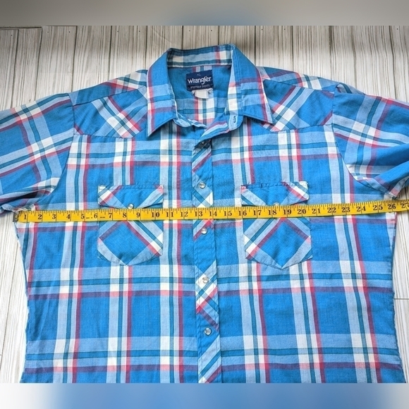 Wrangler Vintage 90s Snap Short Sleeve Button Down in Blue and Pink Plaid Sz XL - Picture 10 of 12